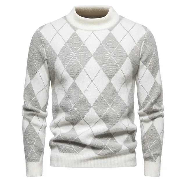 Classic Argyle Wool Crew Neck Sweater for Men - OutfitLondon