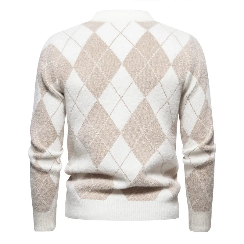 Classic Argyle Wool Crew Neck Sweater for Men