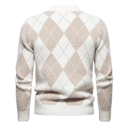 Classic Argyle Wool Crew Neck Sweater for Men