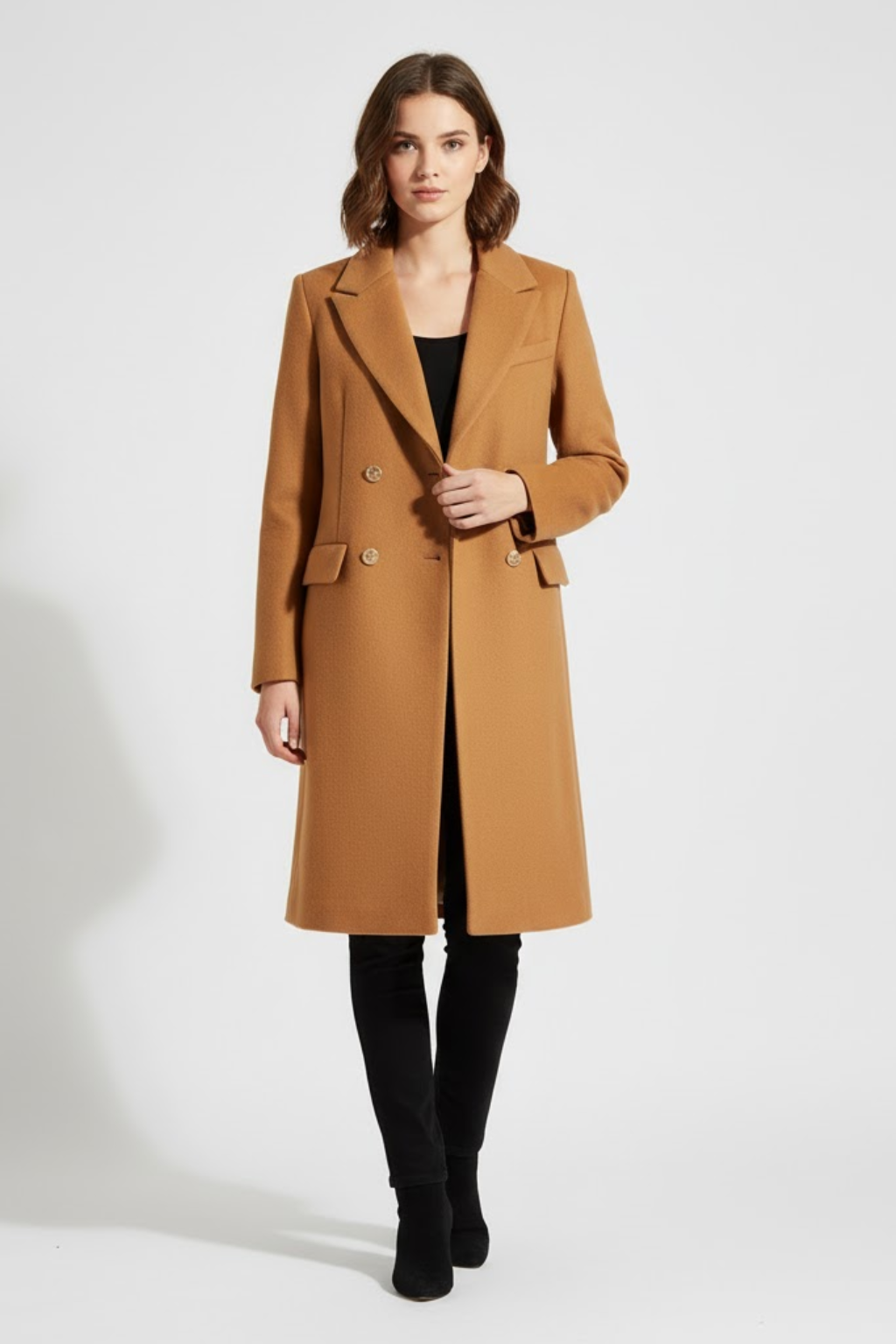 Classic Tan Double Breasted Coat with Gold Buttons - OutfitLondon