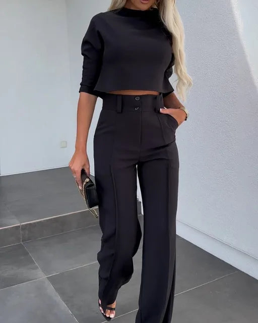 Trendy Women's Crop Top and High Waist Pants Set - OutfitLondon
