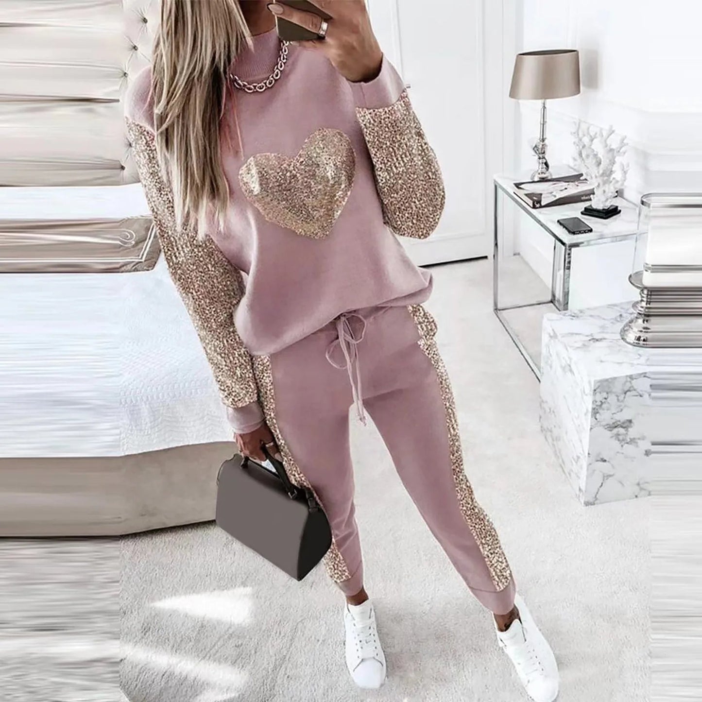 Glittery Heart Pattern Women's Top and Pants Set