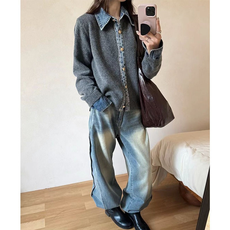 Casual Blue Jeans Style V-Neck Knit Top