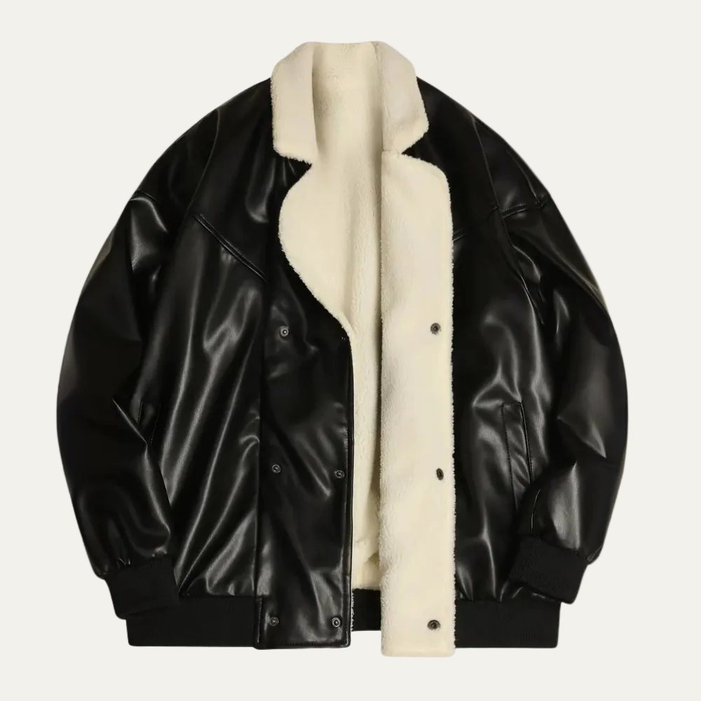 Men's Black Faux Leather Bomber Jacket with Wool Lining