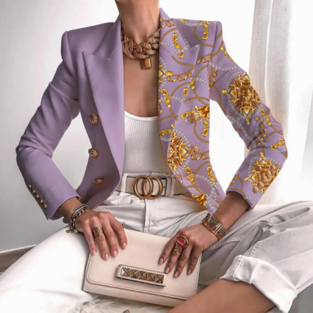 Fashionable Ladies Asymmetrical Jacket with Metal Link Detail