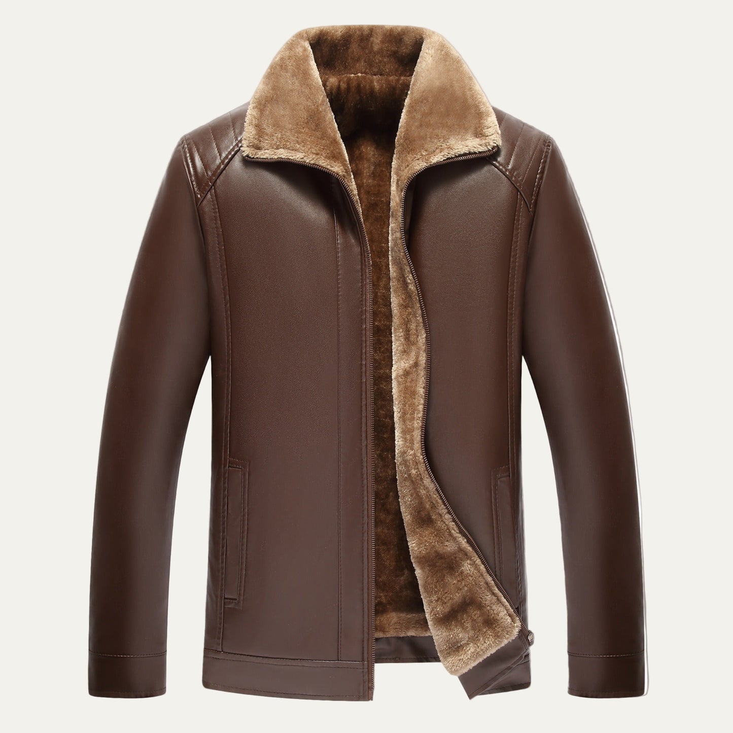 Warm Synthetic Leather Coat with Fuzzy Lining