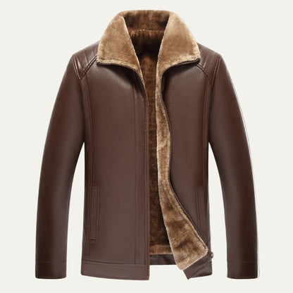 Warm Synthetic Leather Coat with Fuzzy Lining