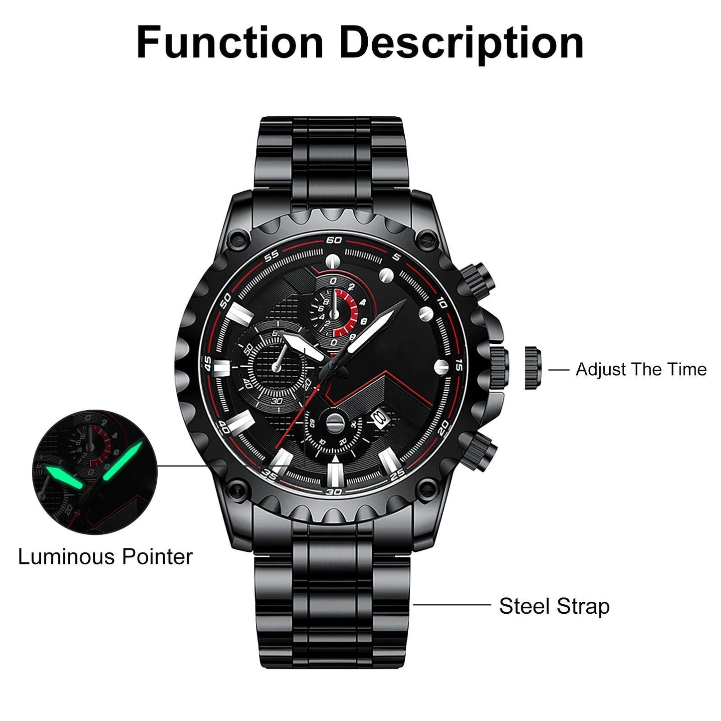 Men's Leather Strap Sports Chronograph Watch - Water Resistant