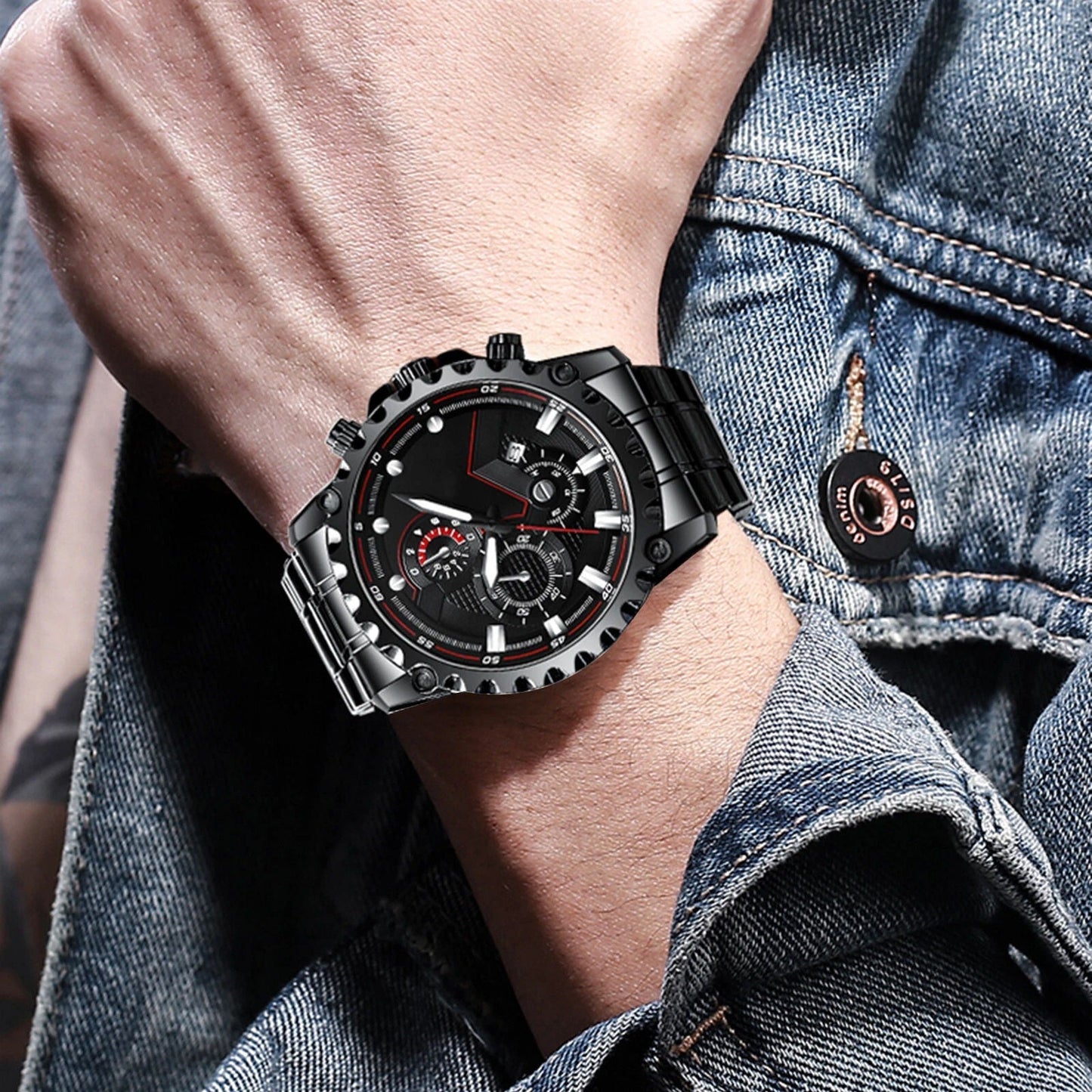 Men's Leather Strap Sports Chronograph Watch - Water Resistant