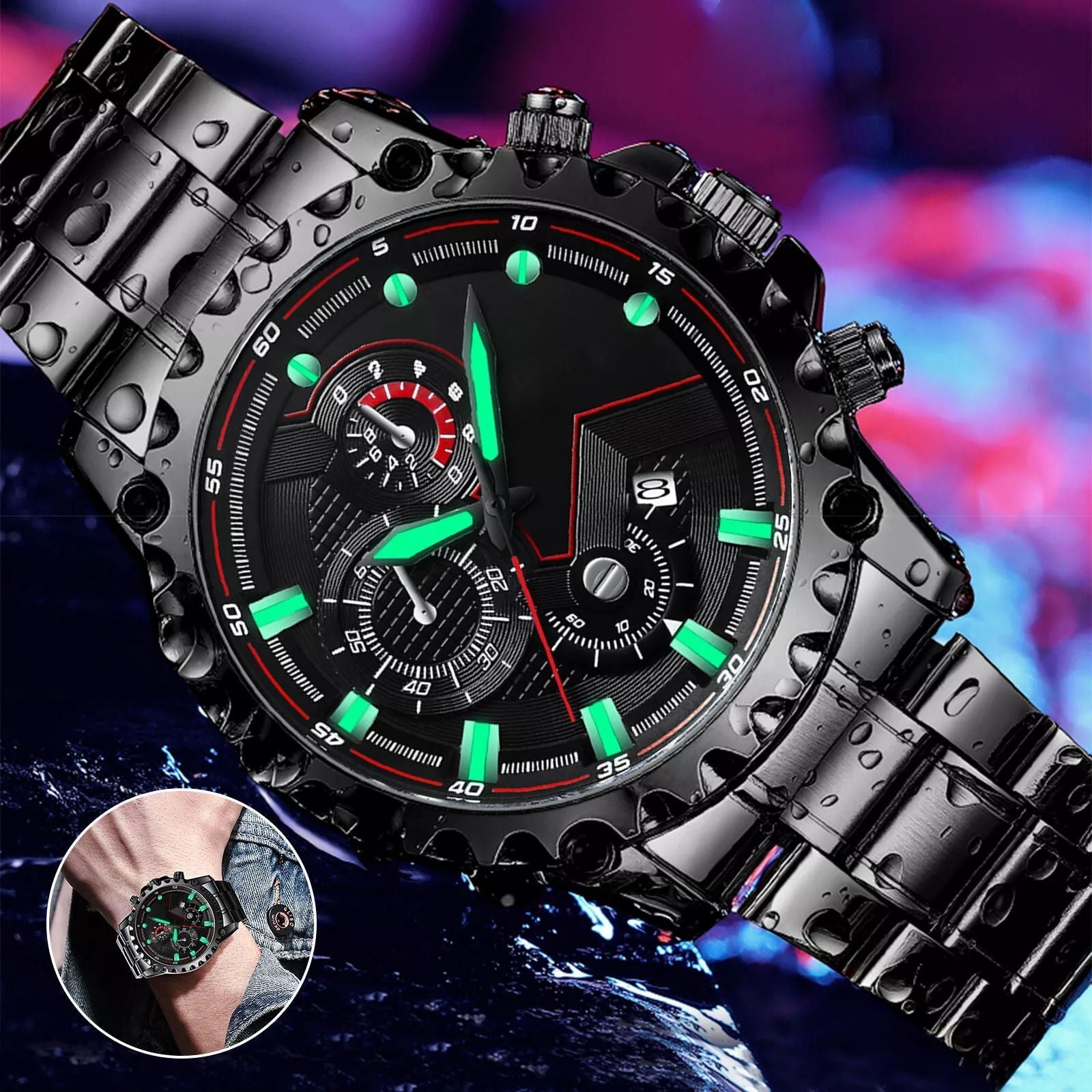 Men's Leather Strap Sports Chronograph Watch - Water Resistant - OutfitLondon
