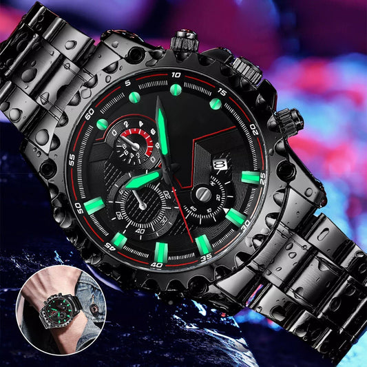 Men's Leather Strap Sports Chronograph Watch - Water Resistant - OutfitLondon