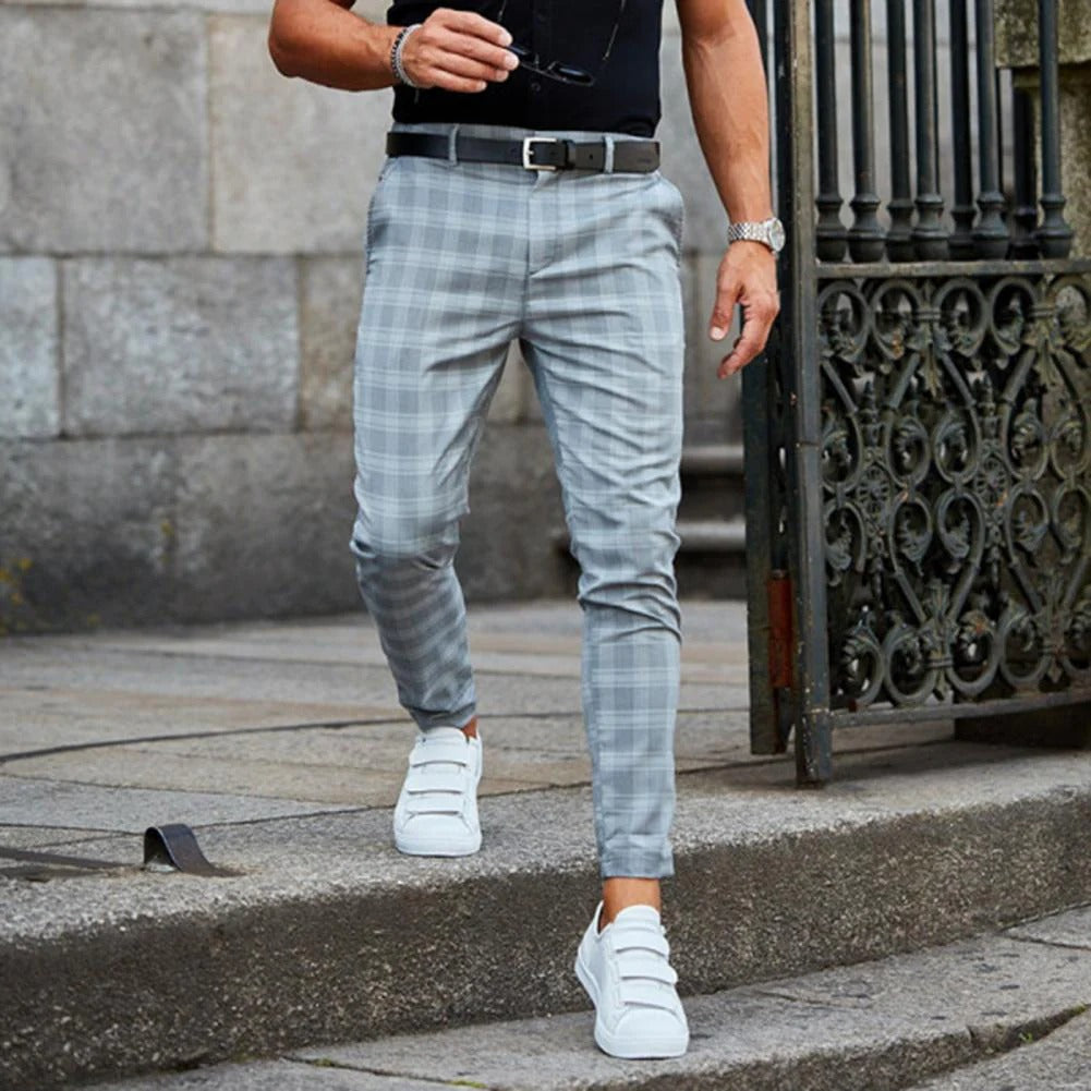Narrow Fit Plaid Pants for Men