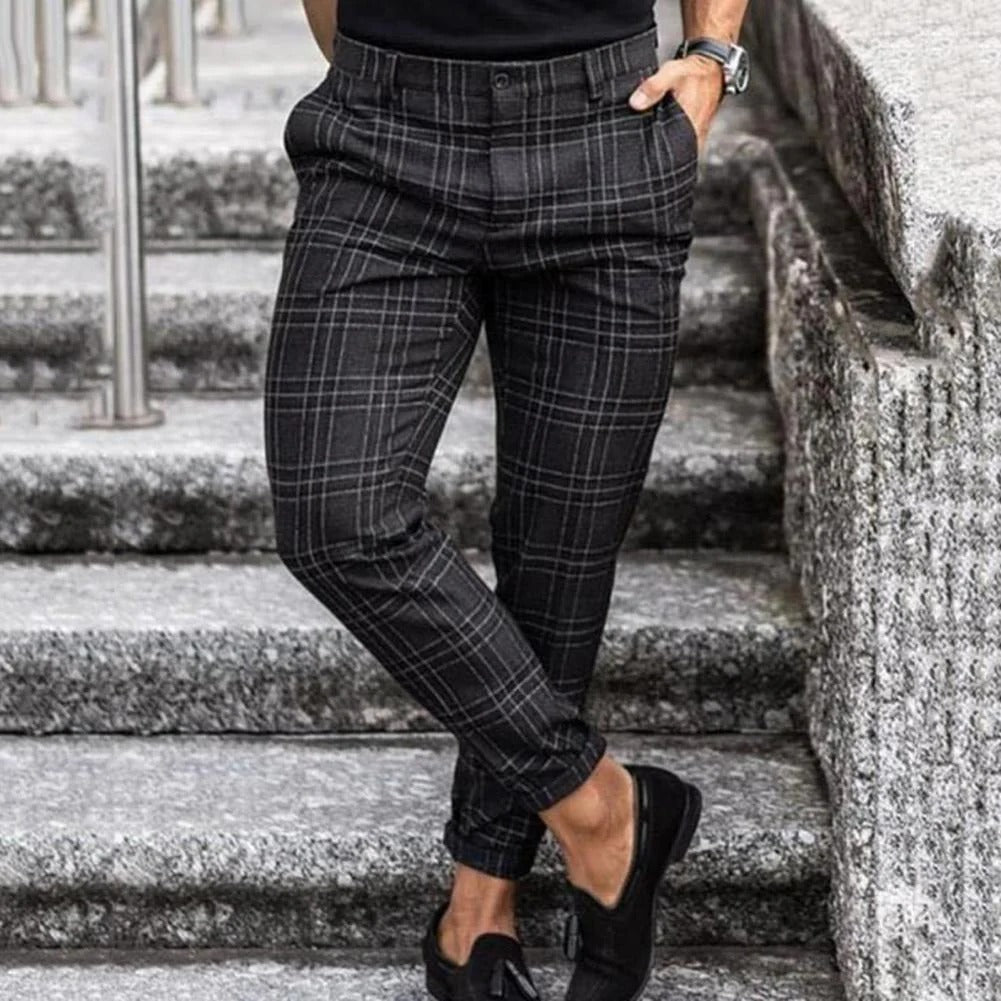 Narrow Fit Plaid Pants for Men