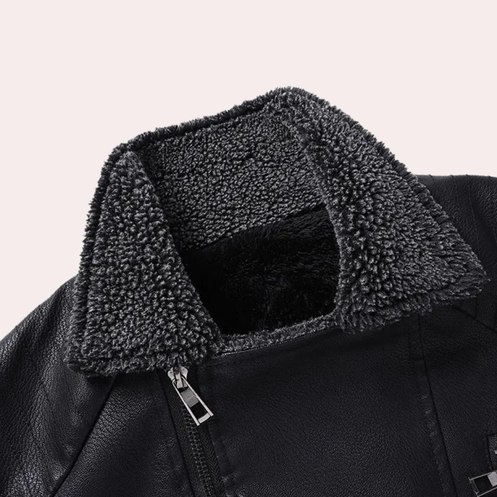 Men's Synthetic Leather Coat with Fuzzy Collar