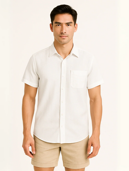 Timeless White Linen Mens Short Sleeve Dress Shirt
