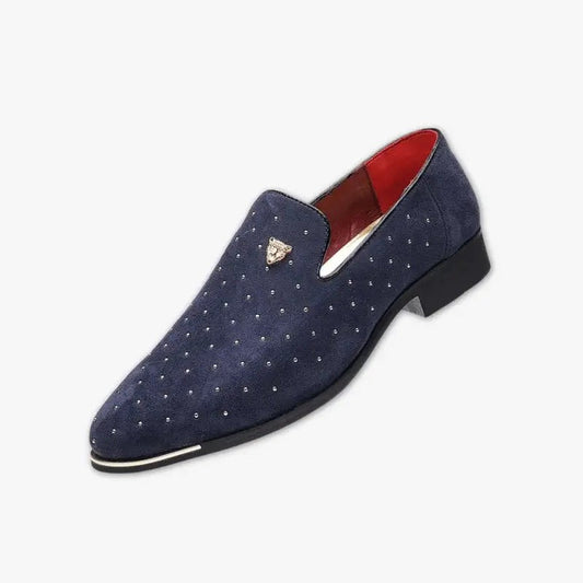 Men's Dark Blue Suede Loafers with Studs - OutfitLondon