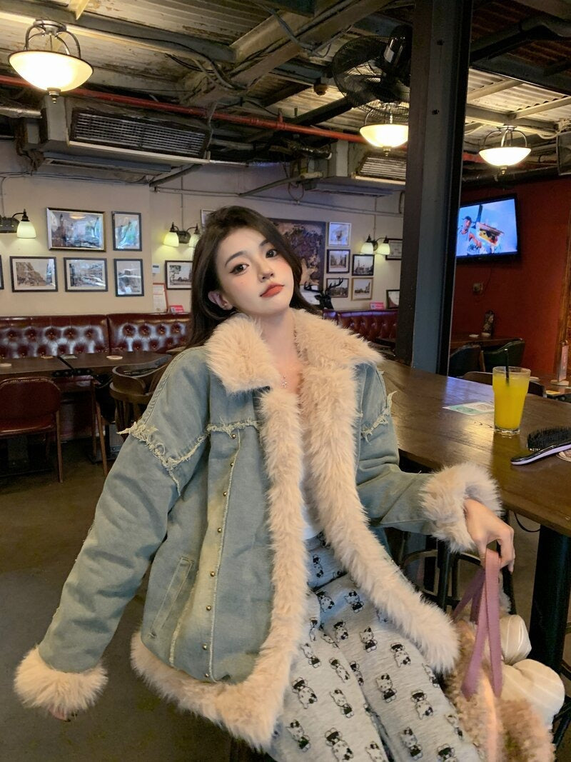 Warm Women's Down Filled Denim Parka Jacket