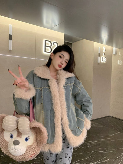Warm Women's Down Filled Denim Parka Jacket
