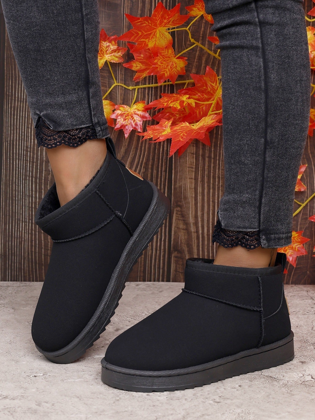 Warm Faux Fur Ankle Boots for Women - Black Mini Boots