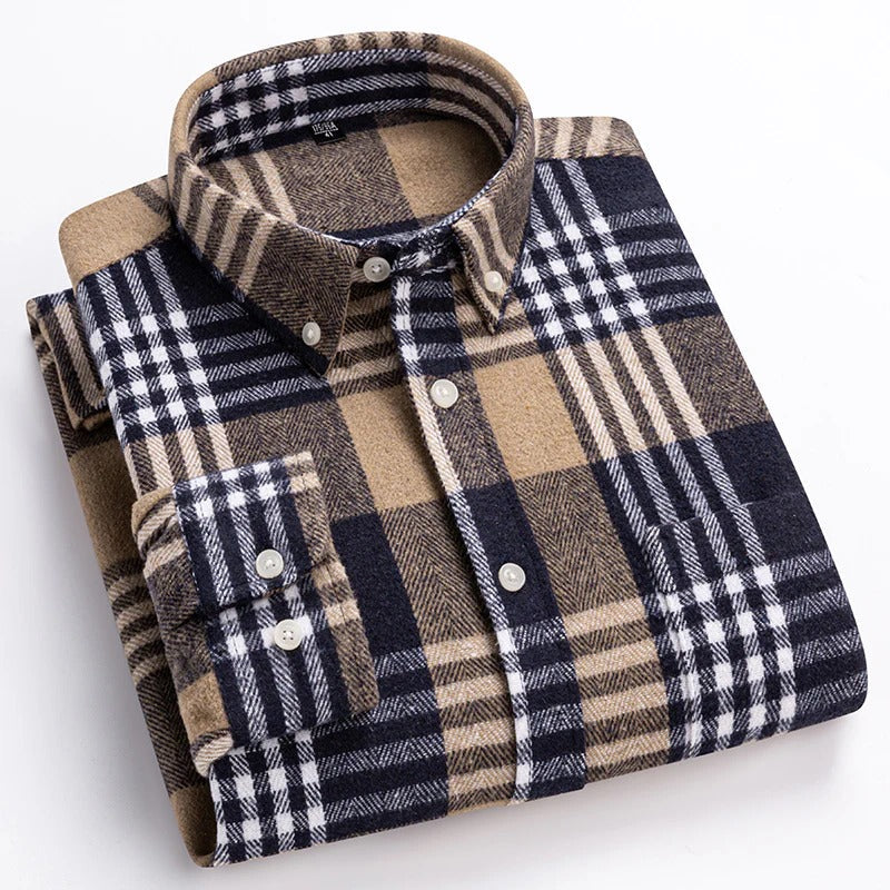Mens Plaid Cotton Shirt Breathable Comfort Button Front - OutfitLondon