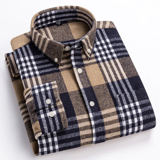 Mens Plaid Cotton Shirt Breathable Comfort Button Front - OutfitLondon