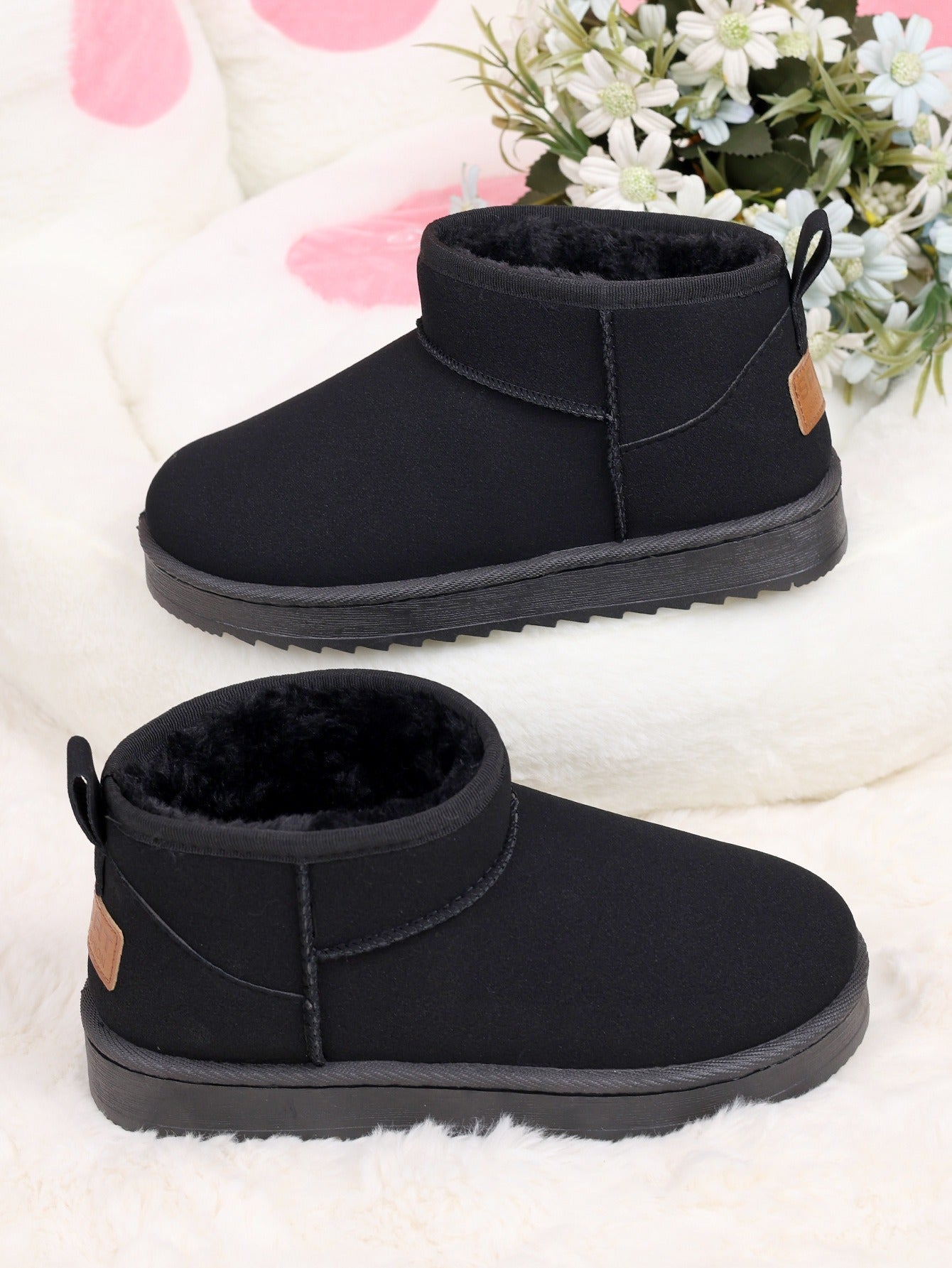 Warm Faux Fur Ankle Boots for Women - Black Mini Boots