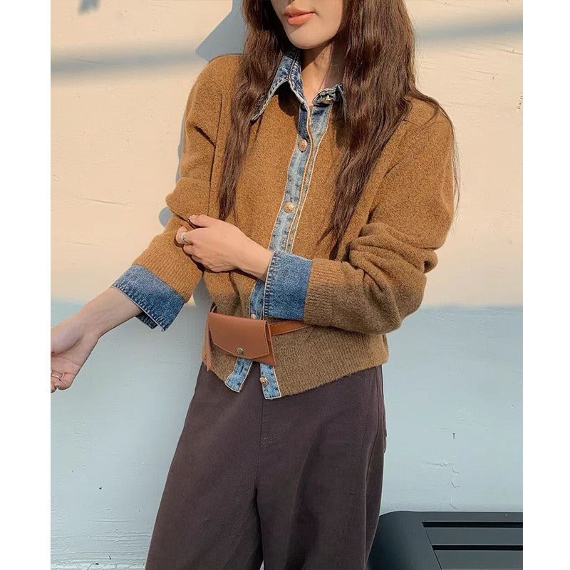 Casual Blue Jeans Style V-Neck Knit Top