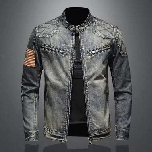 Fitted Zip Up Blue Jeans Jacket - OutfitLondon