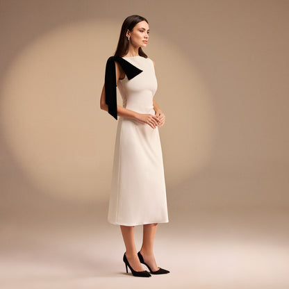 Iris | Midi Fit Crepe Wedding Guest Dress with Shoulder Bow