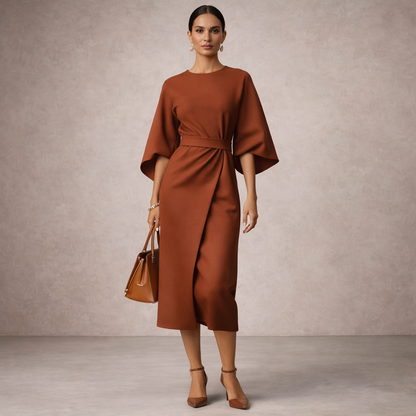 Women's Elegant Waist Belt Midi Dress