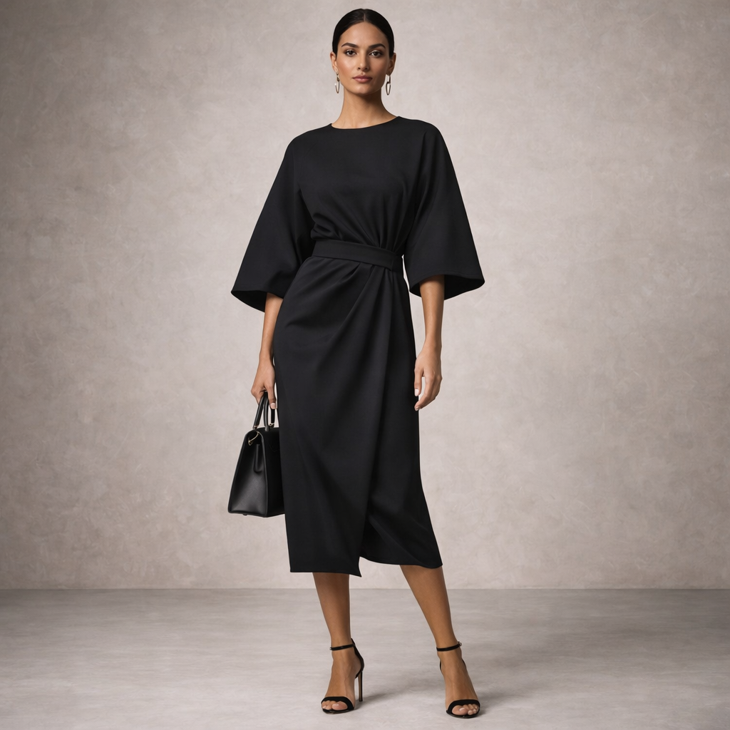 Women's Elegant Waist Belt Midi Dress