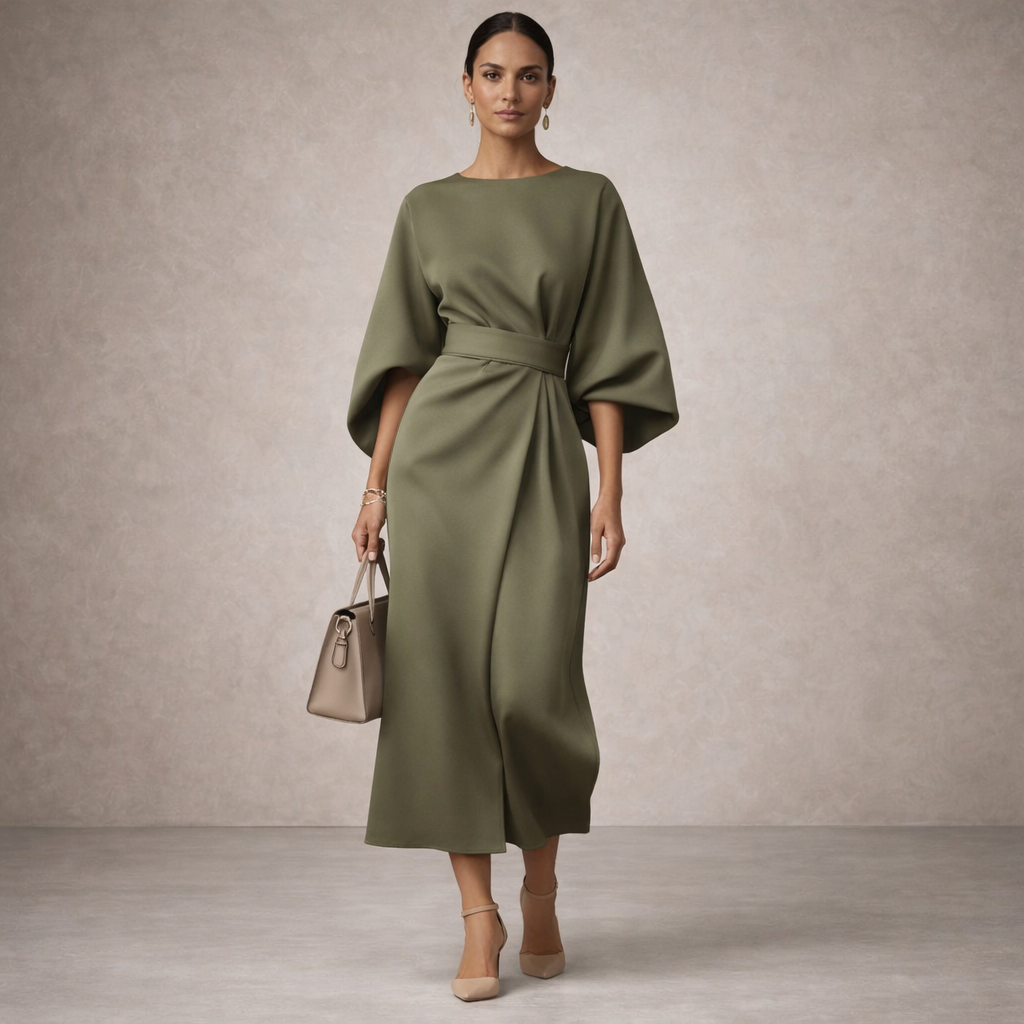 Women's Elegant Waist Belt Midi Dress