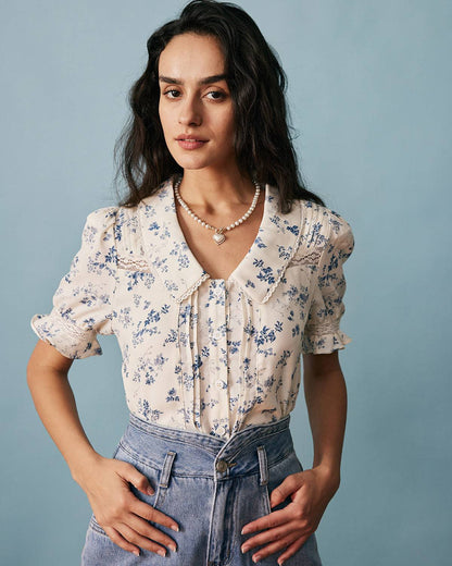 Casual Fit Floral Lace Trim Blouse for Women - OutfitLondon