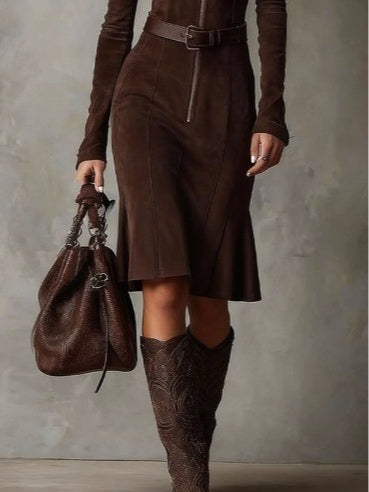 Classic Tan Waist Belted Midi Dress with Belt Included