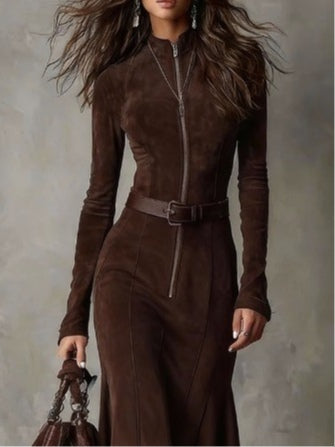 Classic Tan Waist Belted Midi Dress with Belt Included