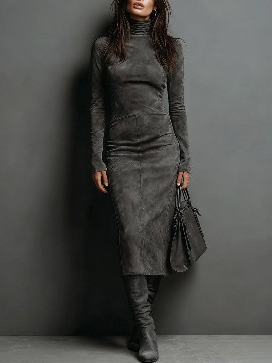 Luxurious Suede Mid Length High Neck Dress