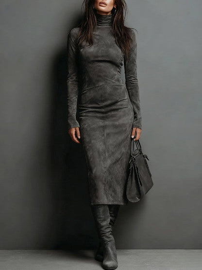 Luxurious Suede Mid Length High Neck Dress