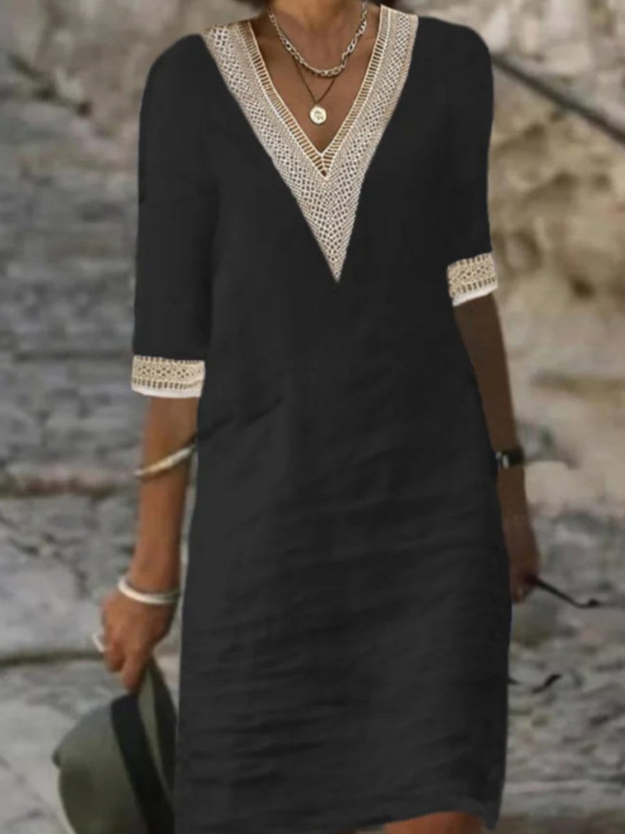 Relaxed Fit V Neck Lace Detail Dress
