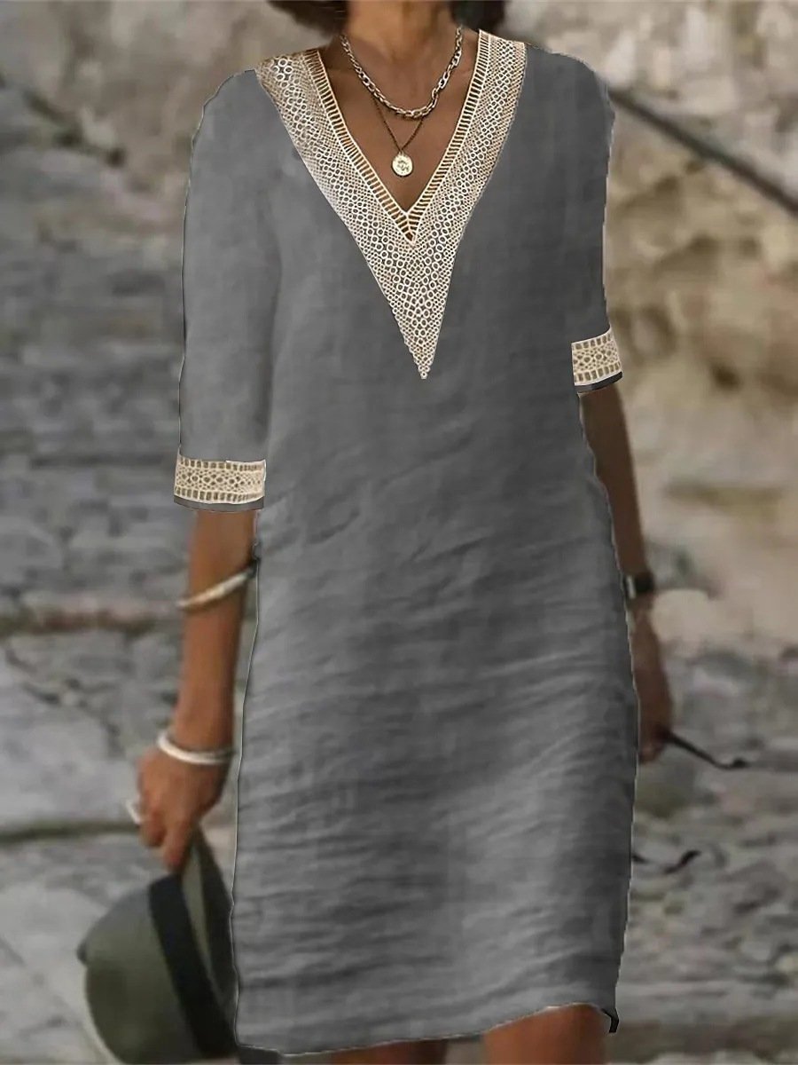 Relaxed Fit V Neck Lace Detail Dress