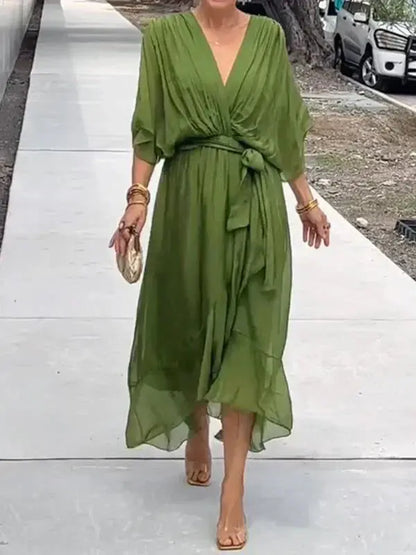 Luxurious V-Neck Silk Evening Dress - OutfitLondon
