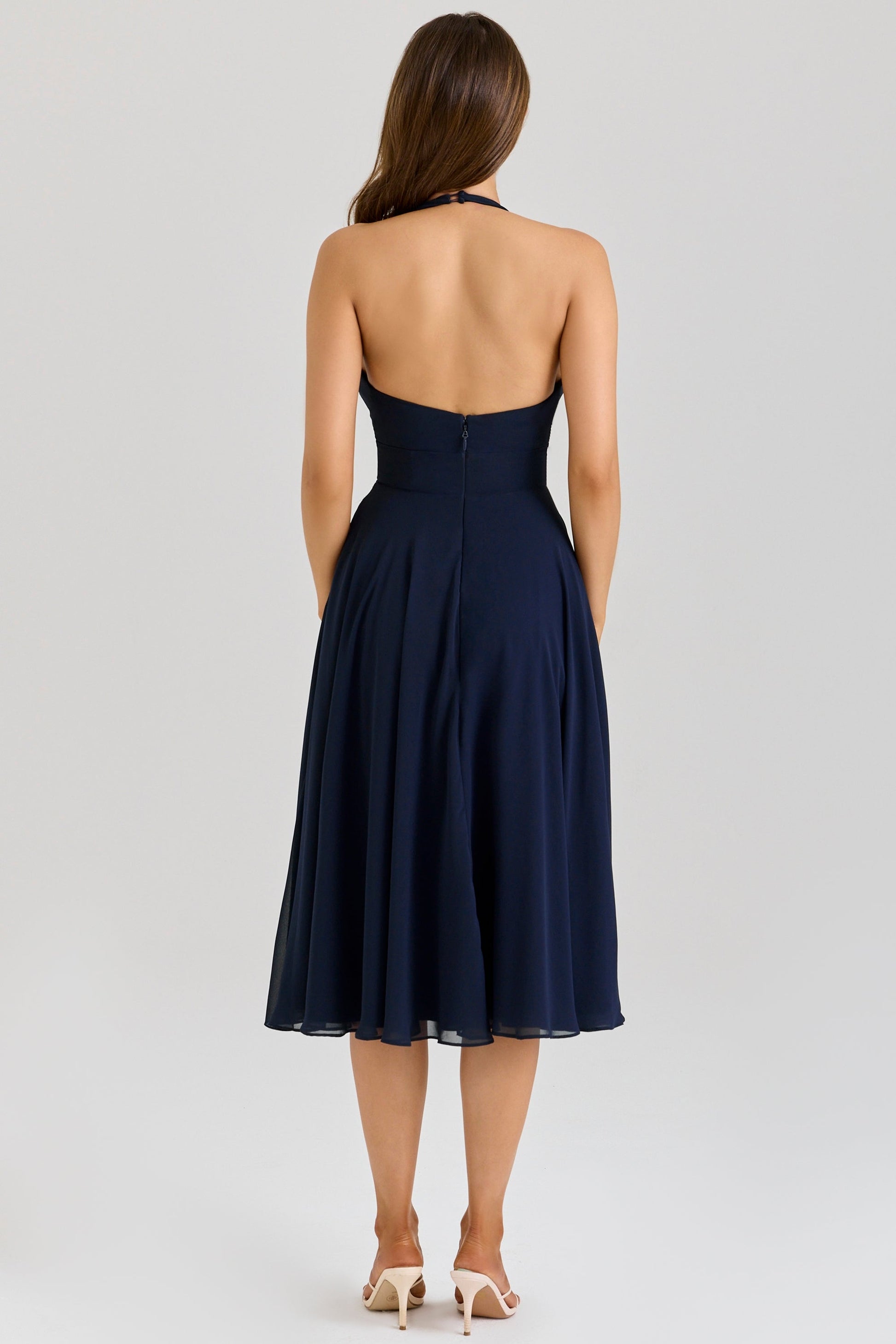 Julia | Halter Fit Georgette Midi Wedding Guest Dress