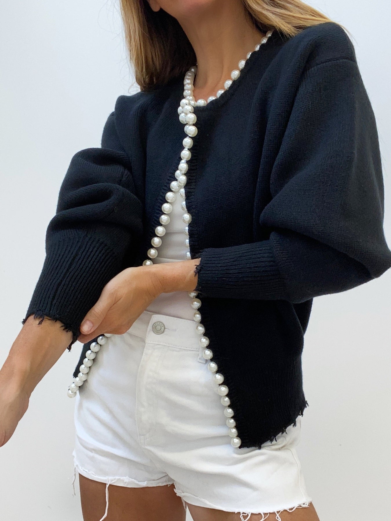 Justine | Relaxed Fit Pearl Trim Holiday Cardigan
