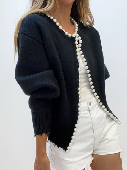 Justine | Relaxed Fit Pearl Trim Holiday Cardigan