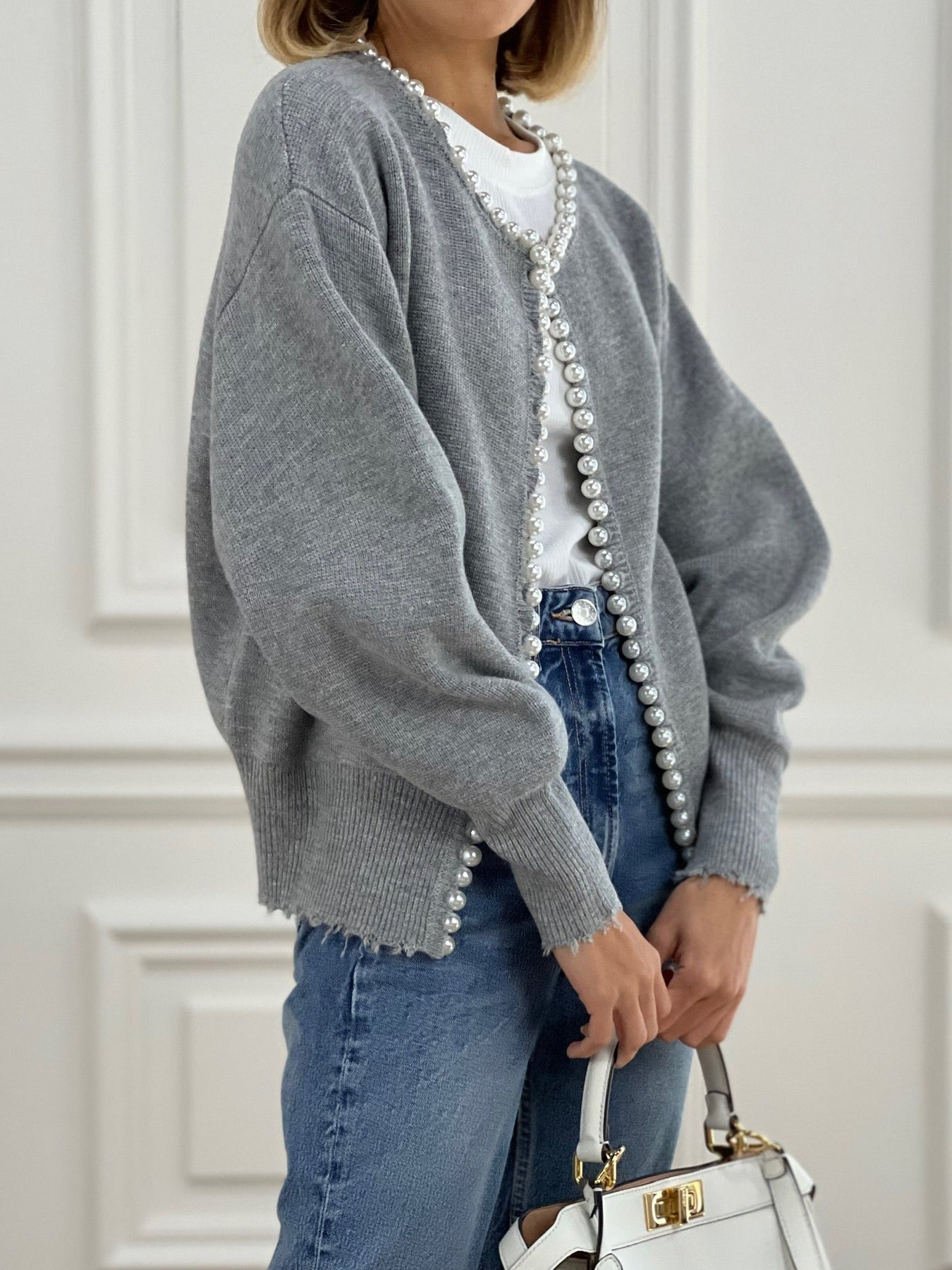Justine | Relaxed Fit Pearl Trim Holiday Cardigan