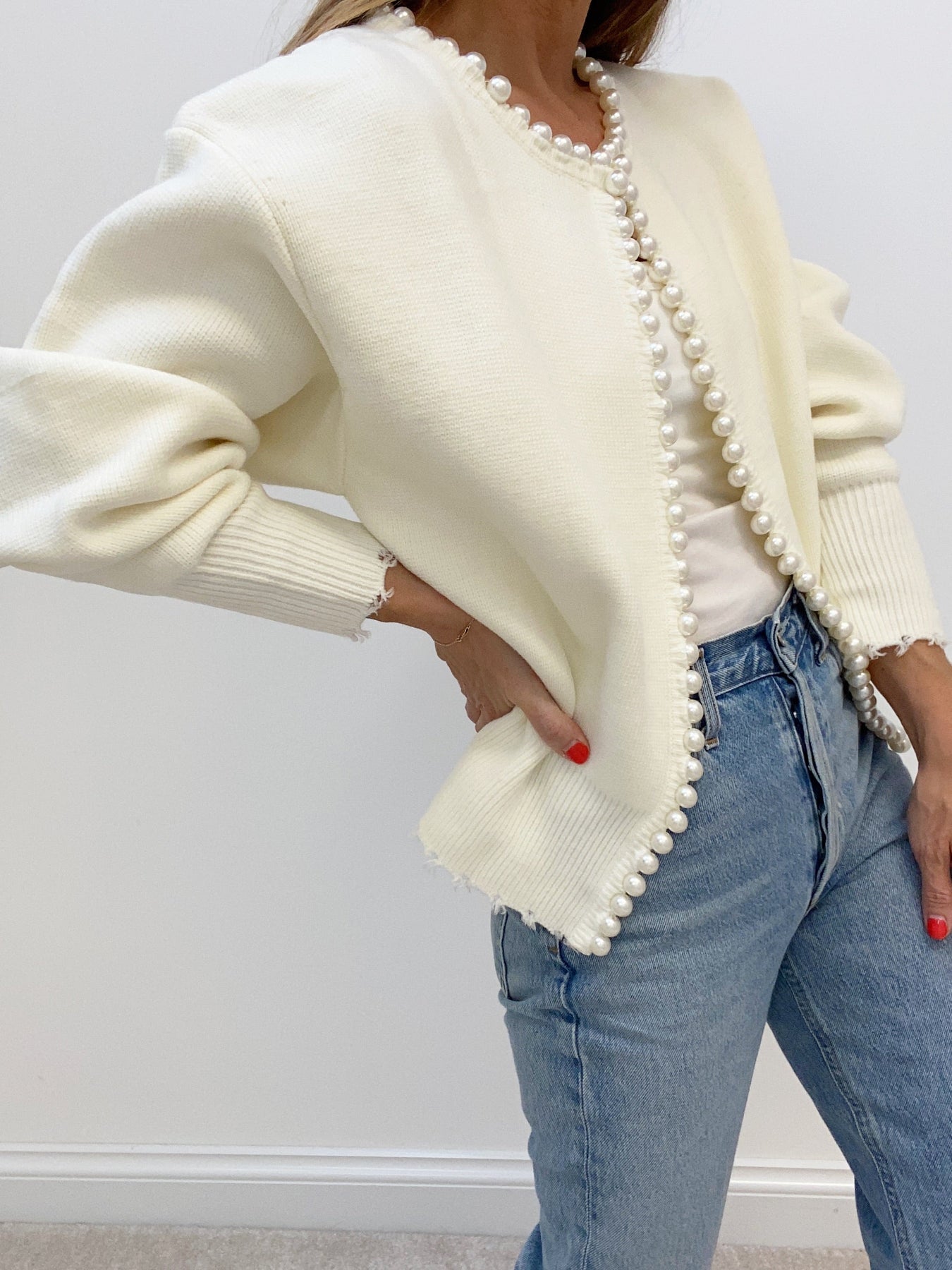 Justine | Relaxed Fit Pearl Trim Holiday Cardigan