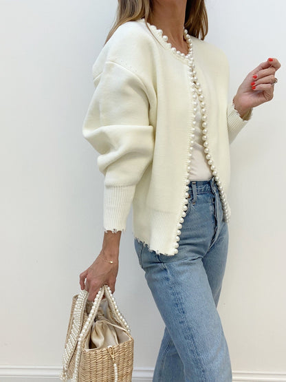 Justine | Relaxed Fit Pearl Trim Holiday Cardigan