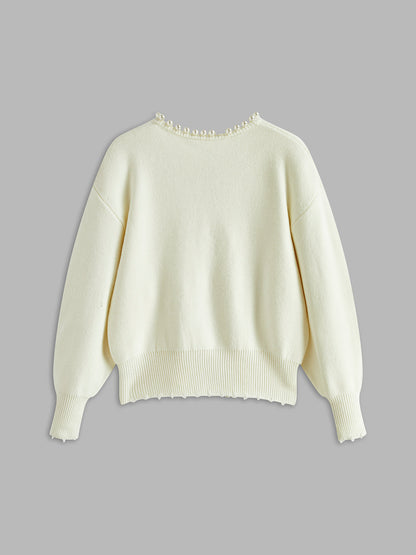 Justine | Relaxed Fit Pearl Trim Holiday Cardigan