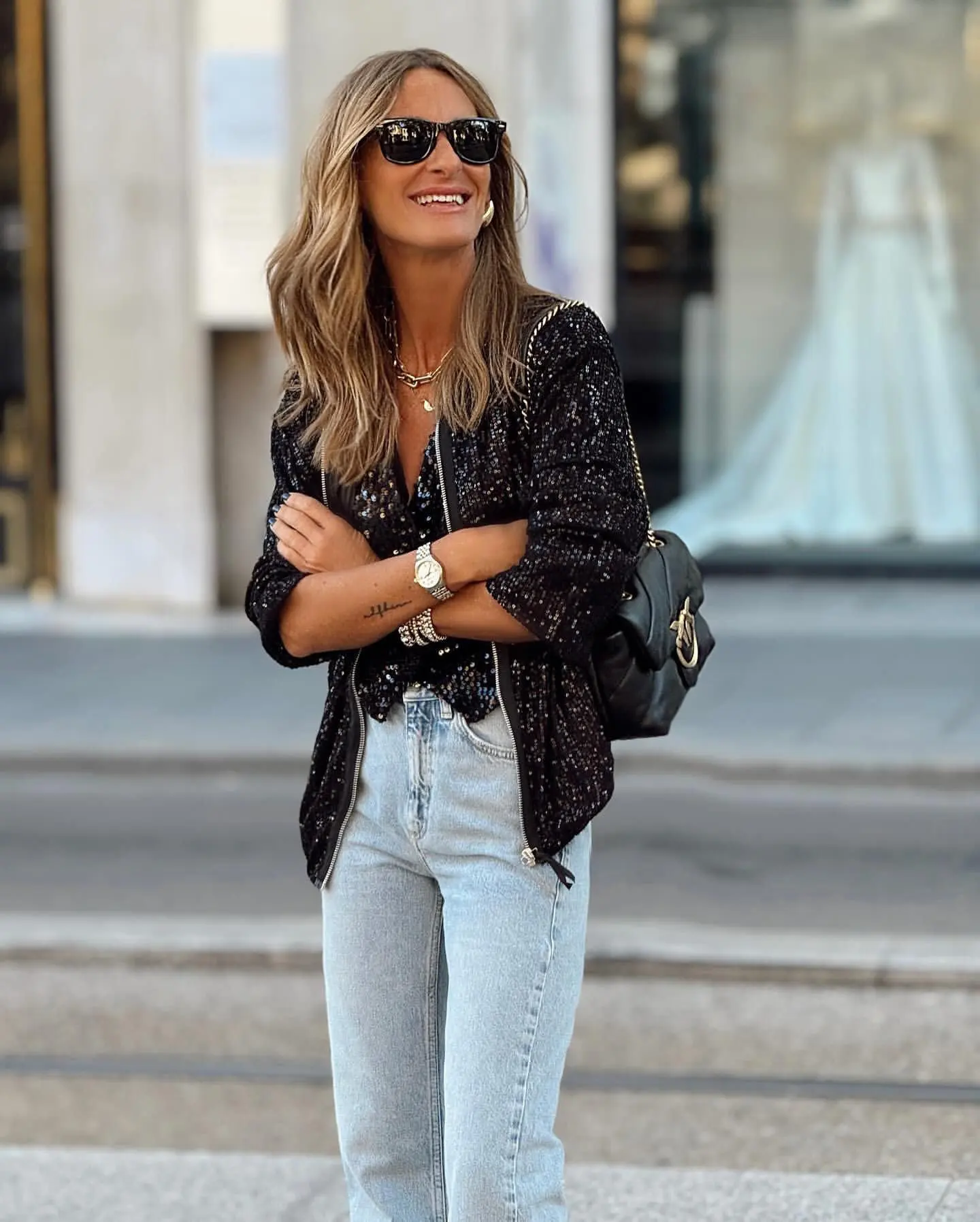 Glitter Sequin Bomber Jacket with Zipper Front