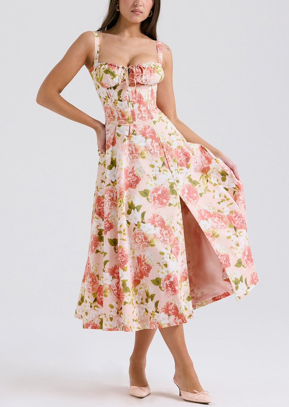 Slim Fit Floral Pink Summer Dress - OutfitLondon