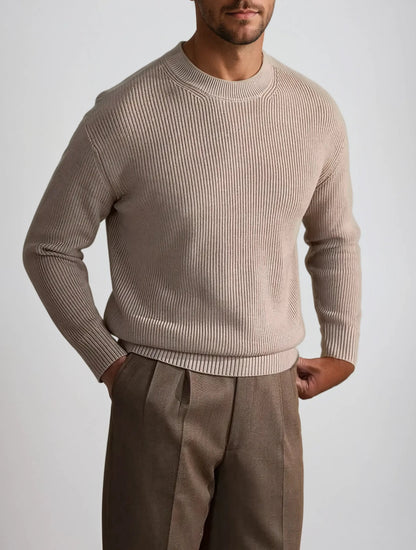 Classic Textured Beige Mens Crew Neck Sweater - OutfitLondon